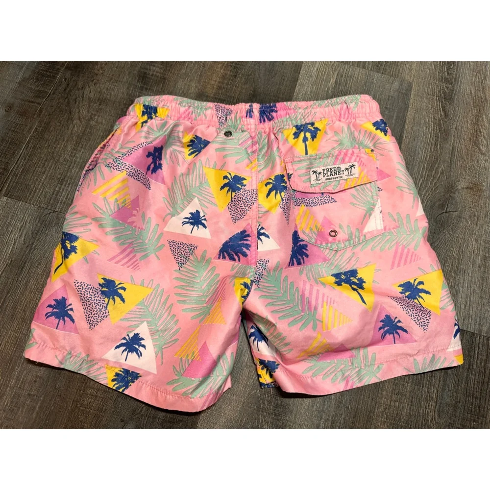 Men's Free Planet Swim‎ Trunks S Retro Pink Blue Palm Tree Print
